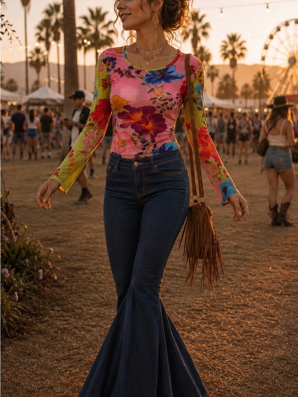 Vintage haven blue Floral Long-Sleeve Mesh Top in Multicolor